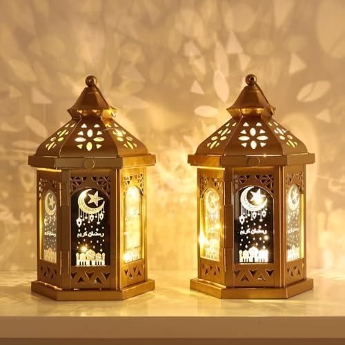 Ramadan Decorations for Home, 2 PCS 11''H Metal Decorative Candle Lantern for Tabletop Mantel Decor, Vintage EID Mubarak Lantern Candle Holders for Indoor Outdoor Decor Gift by DECORKEY