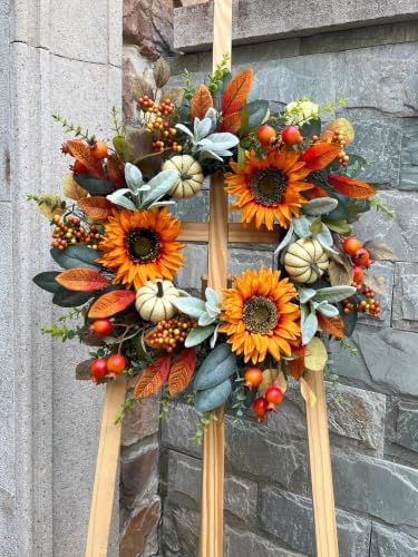 24" Fall Sunflower Wreath for Front Door - Artificial Autumn Wreath with Cream Pumpkins, Pomegranates and Mixed Berries - Farmhouse Harvest Floral Wreath for Thanksgiving Door Decor - Image 2