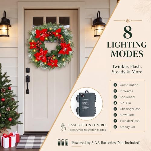 Christmas Wreaths for Front Door - 8 Lighting Modes 26 Inch Real Touch Pine Wreath with Poinsettia, Red Berries & Pine Cones Prelit Winter Wreath for Outdoor Christmas Decorations Home Decor - Image 4
