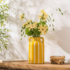 SURE YUESI Yellow Ceramic Vase with Handles, Modern Farmhouse Striped Decorative Vase, 9.1" Art Deco Tall Flower Vases for Pampas Grass, Shelf Decor, Dining Table Centerpiece, Living Room Home Decor - Image 3