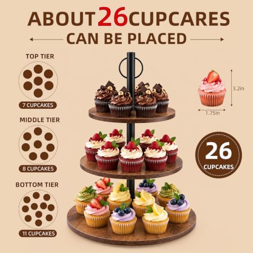 Wooden Cupcake Stand 2 Pack, Large Cupcake Tower Stand for 50 Cupcakes, 3 Tiered Wooden Serving Trays Stand, Soporte Para Cupcakes, Dessert Table Display - Image 2