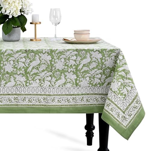 CPC Tablecloth 100% Cotton 72x140 Inch Indian Block Print Rectangle Table Cover, Green Table Cloth for Weddings, Spring/Summer, Barbeque - Olive Green by COTTONPRINTCLUB