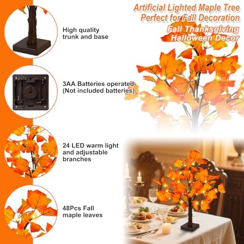 Fall Decor 2 Pack Fall Trees Artificial Lighted Maple Tree Thanksgiving Decor 48 LED Table Fall Lights Up Tree Battery Operated for Wedding Party Gifts Indoor Outdoor Autumn Harvest Home Decorations - Image 3