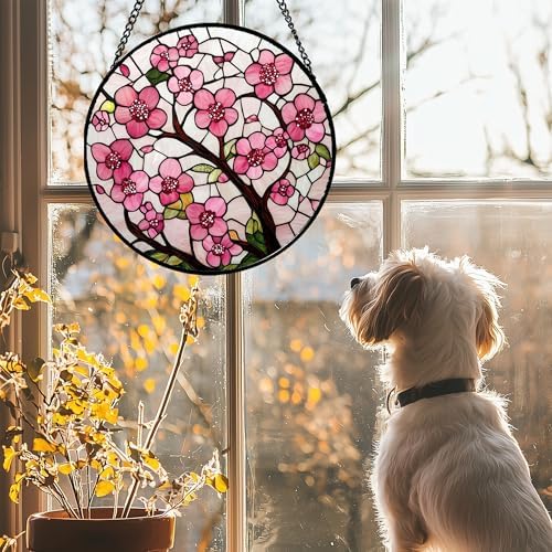 Pink Cherry Blossoms Stained Glass Window Hanging Suncatcher Gifts 9.8" - Image 2