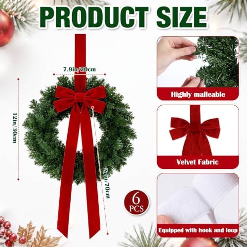 Roowest 6 Pack 12'' Christmas Window Wreaths Decorations & Red Velvet Bow - Image 2
