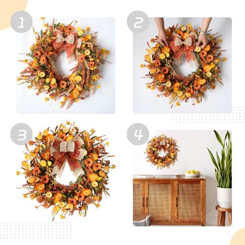 TEMPUS 22inch Artificial Autumn Daisy Wreath Fall Leaves with Bowknot Wreath for Front Door Harvest Festival Window Wedding Autumn Outdoor Indoor Decor - Image 4