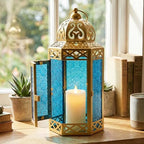 VELA LANTERNS 6-Pack Gold Metal Moroccan Decorative Candle Lantern Holder for Hanging or Table Centerpieces, Exotic Indoor Home Decor, Outdoor Patio or Porch, Weddings, Ramadan, Blue Glass, Large - Image 5