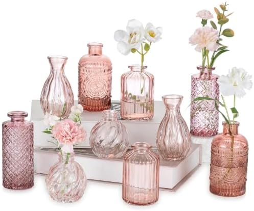 Glasseam Glass Bud Vases for Centerpieces, 10Pcs Pink Small Flower Vase Set by Glasseam