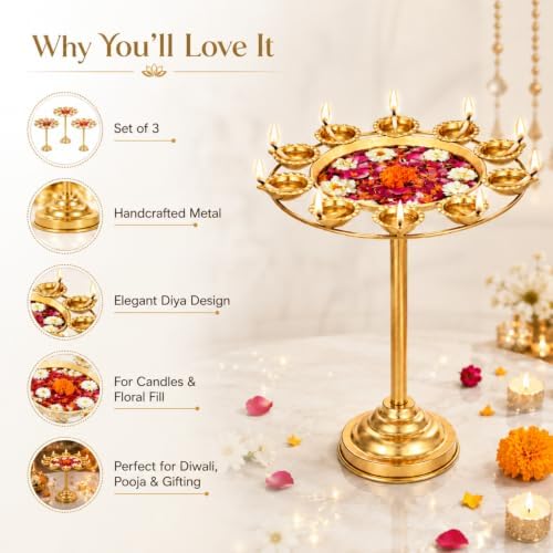 LemonRoad 3 Diwali Lotus Urli Bowl Candle Holder for Indian Diwali Pooja - Image 5