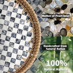 Round Rattan Tray with Mother of Pearl Inlay, Decorative Basket with Wooden Base, Woven Tray for Kitchen Island Decor, Table Decor, Storage and Display of Food (Checkerboard, 13.8") - Image 3