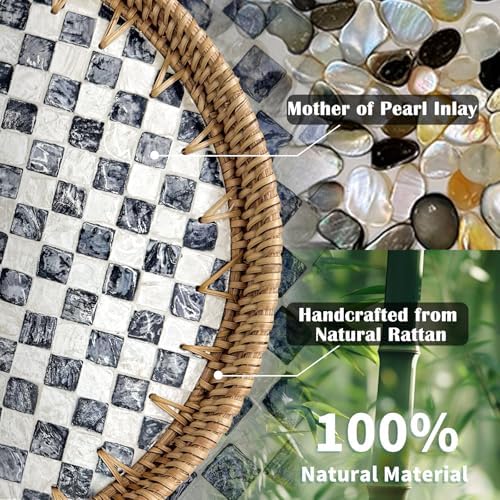 Round Rattan Tray with Mother of Pearl Inlay, Decorative Basket with Wooden Base, Woven Tray for Kitchen Island Decor, Table Decor, Storage and Display of Food (Checkerboard, 13.8") - Image 3