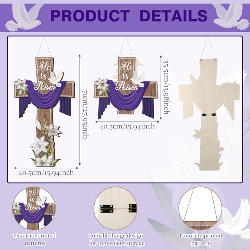 BBTO He Is Risen Easter Door Sign, 31.5 x 15.75 Inches Durable Wooden Religious Cross Hanging Decor Easter Wreaths for Front Door Christian Flowers Lent Hanging Hanger for Farmhouse Front Porch - Image 2