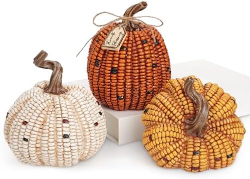 Briful 3PCS Fall Decorative Corn Pumpkin Set – Resin Harvest Pumpkins Fake Corn Pumpkins for Thanksgiving Table Centerpiece Autumn Tiered Tray Indoor Outdoor Fall Decoration by Briful