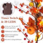 6 FT Fall Garland with 20 Lights & Timer, Pre-lit Lighted Fall Leaves Garland with Pumpkins Pine Cones Berries, Battery Operated Autumn Berry Garland Decor for Mantle Table Fireplace Thanksgiving - Image 3