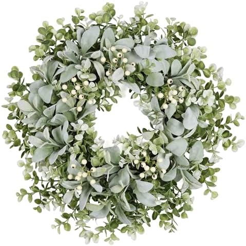 26 Inch Large Lambs Ear Wreaths for Front Door Spring Summer Lambs Leaves with White Berries, Artificial Greenery for Farmhouse Porch Wall Living Room Home Wedding Decor for All Seasons Wreaths by MDSTBN
