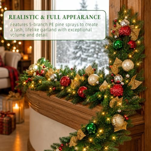 Hykolity 9 FT Pre-Lit Christmas Garland with 80 Warm White LED Lights and Timer, Battery Operated Artificial PE & PVC Garland with Multicolor Ornaments and Gold Glitter Leaves for Mantel and Staircase - Image 2