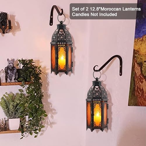 NEEDOMO Set of 2 Hanging Moroccan Lantern, 12.8'' Vintage Candle Holder, Metal Lanterns Decorative Indoor Outdoor, Table, Patio, Porch, Shelf, Ramadan Decorations (Amber) - Image 3