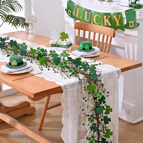 2 Pcs 6 Ft St Patrick's Day Garland with Light, Lighted Shamrock Garlands, Green Colored Wooden Shamrock and Berry Clover for St Patrick's Day Decor - Image 6