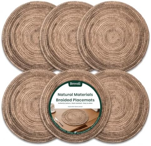 13 Inch Round Woven Placemats Set of 6, Natural Banana Leaf Charger Plates by Brevoli