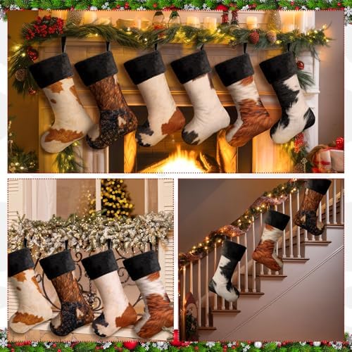 6 Pack Cow Print Christmas Stockings 20 Inch Large Plush Xmas Animal Cuff Stockings Hanging Ornaments Socks for Western Fireplace Mantel Stairway Decorations - Image 5