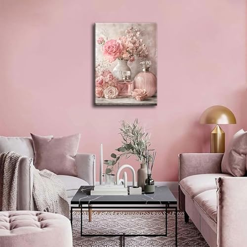 Pink Floral Canvas Wall Art Rose Flowers Plant painting Decor Picture Perfume Botanical Posters Prints for Living Room Dressing Preppy Apartment Valentine's Day Bedroom Corridor Home Decoration - Image 4