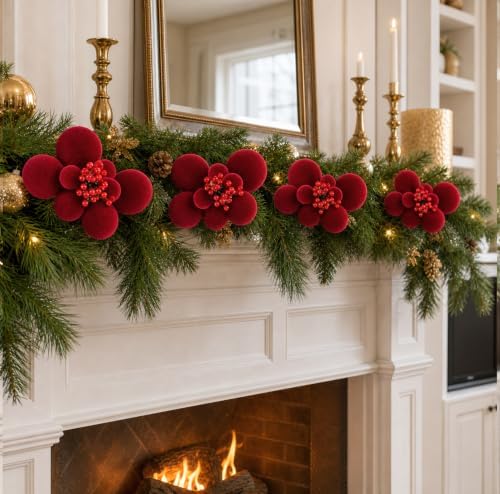 Roowest 4 Sets Christmas Red Ball Clusters Ornament Velvet Tree Decorations - Image 3