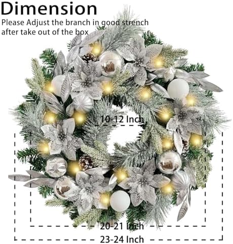 WANNA-CUL Pre-Lit 24 Inch Silver White Christmas Wreath for Front Door - Image 5
