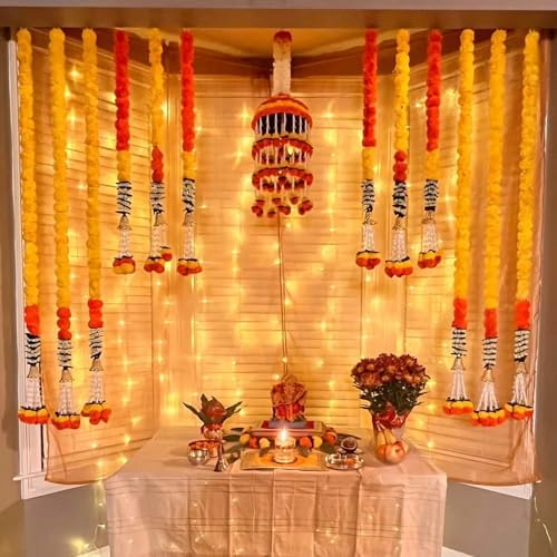 LoveNspire Marigold Strings and Jhoomar Decor with Strings, Mehndi Decoration, Wedding Garland, Flowers Decorations, Diwali Backdrop, Puja Garlands, Chandelier - Image 4