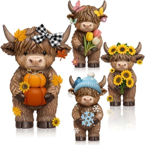 Simgoing 4 Pcs Seasonal Highland Cow Figurines, Spring Summer Fall Winter Gnomes 4 Seasons Highland Cow Home Decor Table Centerpieces Scottish Resin Statue Calf Gifts for Home Garden Kitchen Office by Simgoing