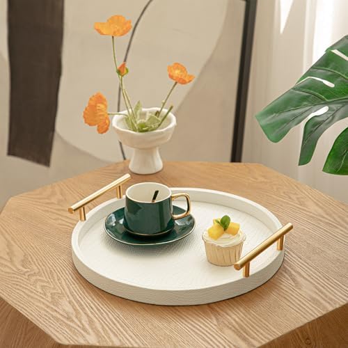 2 Piece White Round Serving Tray with Handles, Woven-Texture Faux Leather Ottoman Tray for Living Room, Decorative Tray for Coffee Table Home Decor - Image 2