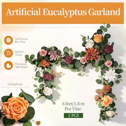 Aneco 2 Pack Artificial Eucalyptus Garland with Flowers 12FT Flower Garland Artificial Rose Floral Vine Garlands for Wedding Bridal Shower Party Backdrop Wall Table Mantle Table Decor, Terracotta - Image 2