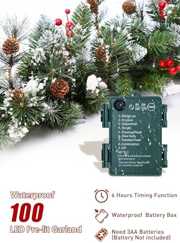Christmas Garland with Lights, 9Ft Prelit Garland, 8 Light Modes & Timer - Image 5