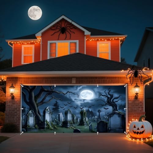 Halloween Garage Door Cover 7x16ft Spooky Graveyard Halloween Garage Door Banner Creepy Hallows' Decorations for 2 Car Garages Cemetery Backdrop for Wall Large Banners - Image 5
