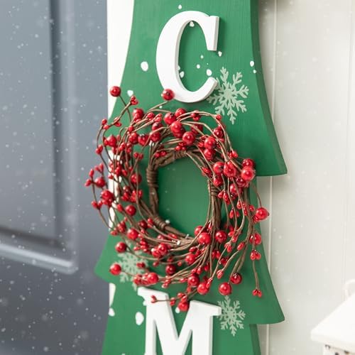 Glitzhome 42" H Wooden Welcome Christmas Tree Porch Sign with Berries Wreath Vertical Porch Sign in Xmas Tree Shape Farmhouse Hanging Sign Decorations for Front Door Wall Display - Image 5