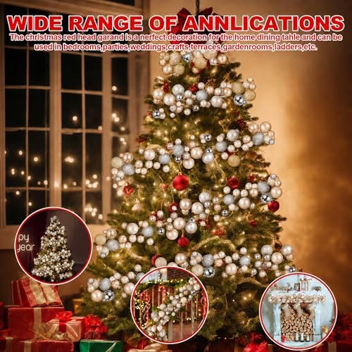 2 Pcs 6 ft Christmas Ball Ornament Garland, Silver, Champagne Gold - Image 4
