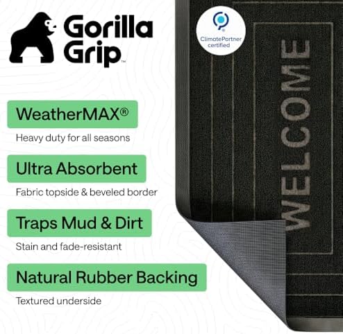 GORILLA GRIP WeatherMAX Door Mat, Indoor Outdoor Use, 29x17, Black Welcome - Image 2