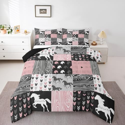 Girls Unicorn Comforter King Girly White Horse Bedding Western Cowboy Cowgirls Quilt Patchwork Buffalo Plaid Duvet Insert Arrow Stripes Wild Animal Soft Down Comforter 3Pcs Bedroom Decor,Pink Black by Erosebridal