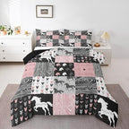 Girls Unicorn Comforter Queen Girly White Horse Bedding Western Cowboy Cowgirls Quilt Patchwork Buffalo Plaid Duvet Insert Arrow Stripes Wild Animal Soft Down Comforter 3Pcs Bedroom Decor,Pink Black by Erosebridal