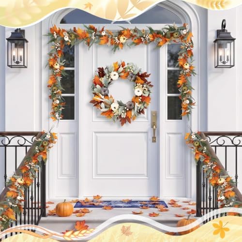 Fall 6FT Garland Wreaths 24", 4 Pack, Artificial Pumpkin - Image 3
