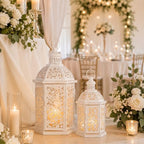 Lanterns Decorative Outdoor&Indoor, Set of 2 (15"&7") White Metal Lantern Decor, Candle Holder for Porch, Patio, Christmas, Balcony, Wedding, Table Centerpiece - Image 3