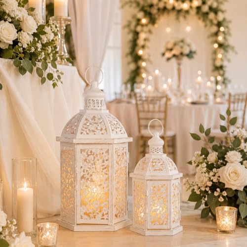 Lanterns Decorative Outdoor&Indoor, Set of 2 (15"&7") White Metal Lantern Decor, Candle Holder for Porch, Patio, Christmas, Balcony, Wedding, Table Centerpiece - Image 3