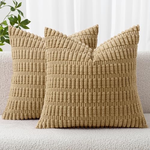 MIULEE Pack of 2 Corduroy Decorative Throw Pillow Covers 24x24 Inch Soft Boho Striped Pillow Covers Modern Farmhouse Home Decor for Sofa Living Room Couch Bed Khaki by MIULEE