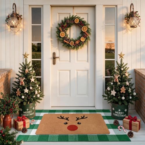 2 Piece Christmas Door Mat Set, Reindeer Coir Mat & Green Plaid Mat - Image 4