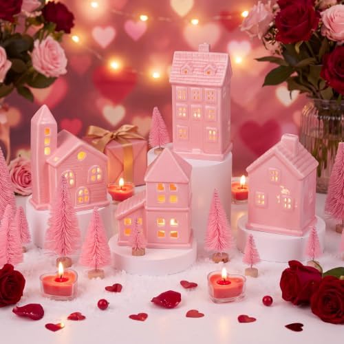 Suclain 16Pcs Christmas Ceramic Village Houses with Tree, Stylish, Pink by Suclain