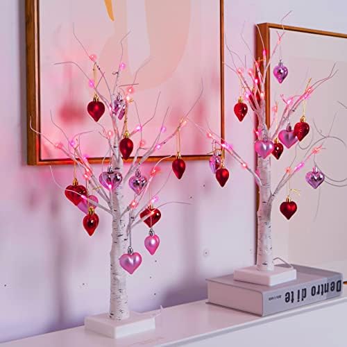 2Pack Valentines Day Decor Lighted Birch Tree with Heart-Shaped Ornaments,USB&Battery Operated Light Up Artificial Tree for Home Indoor Party Valentines Day Decorations (Red + Pink) by Efunly