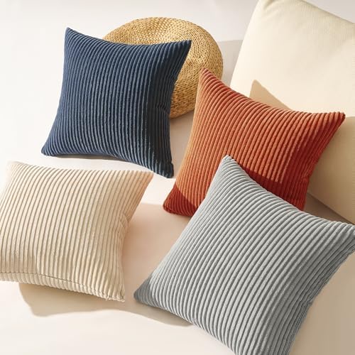 Topfinel 20x20 Set of 4 Boho Couch Throw Pillows Decorative Velvet Pillow Covers for Bed Accent Nordic Corduroy Pillowcase Sofa Living Room Home Decor Blue and Yellow - Image 4