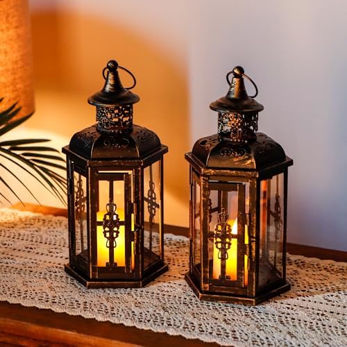 JHY DESIGN Decorative Candle Lanterns Set of 2 10" H Vintage Hanging Lanterns Metal Candleholders for Indoor Outdoor Home Parities and Weddings (Black with Gold Brush) - Image 2