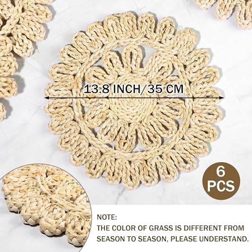 Kochorie 13.8 Inch Round Woven Placemats Set of 6 Handmade Corn Husk Placemats Natural Boho Rattan Woven Placemat Table Wicker Placemat for Farmhouse Spring Home Table - Image 2