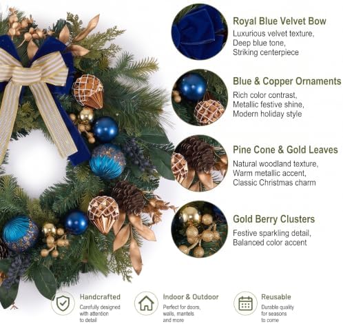 DecorbyHannah 24" Prelit Christmas Wreath for Front Door with Light (Blue) - Image 3
