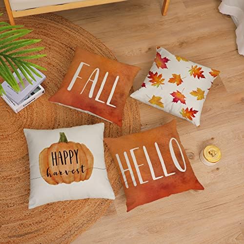 Set of 4 Fall Pillow Covers - 12x12 Inch Thanksgiving Decor Throw Pillows Covers with Pumpkins, Autumn Leaves - Decorative Home & Outdoor Sofa Couch Pillow Cases for Fall Theme Decorations (12 by 12) - Image 4